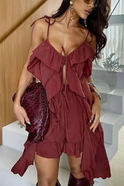 Beauty of Flow Ruffles Tie-up Slit Midi Top and Elastic Waist Shorts Set