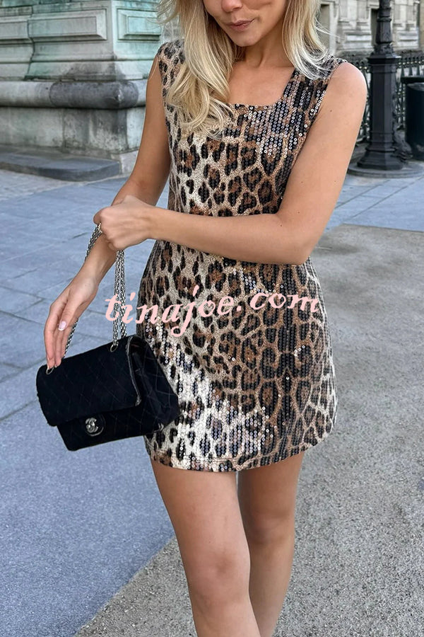 Cocktail Hour Sequin Leopard Print Round Neck Tank Stretch Mini Dress