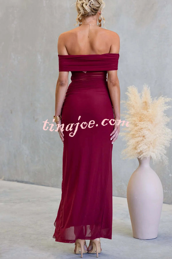 Sexy Mesh Off-shoulder Slim Fit Ruffled Slit Maxi Dress
