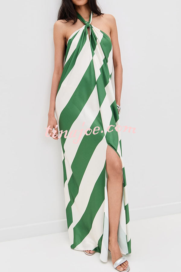 Most Dreamy Stripe Print Halter Tie-up Backless Pocket Loose Maxi Dress