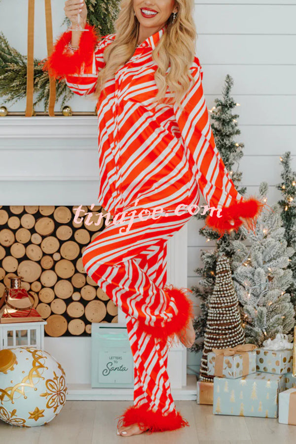 Christmas Party Striped Print Pocket Feather Elastic Waist Pajama Set