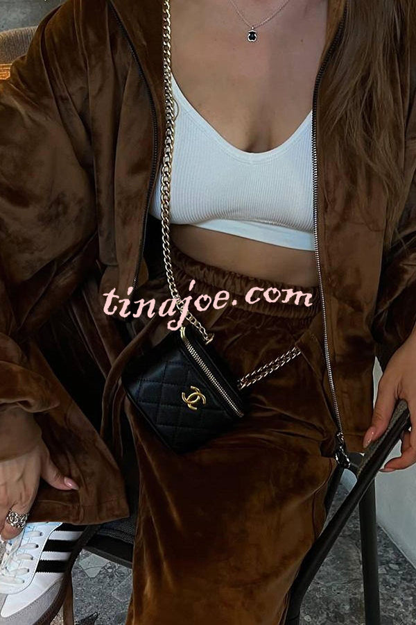 Velvet Casual Zip-up Hooded Top and Elastic Waist Wide Leg Pants Set