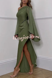 Zayla Satin Asymmetrical One Shoulder Bell Sleeve Slit Maxi Dress