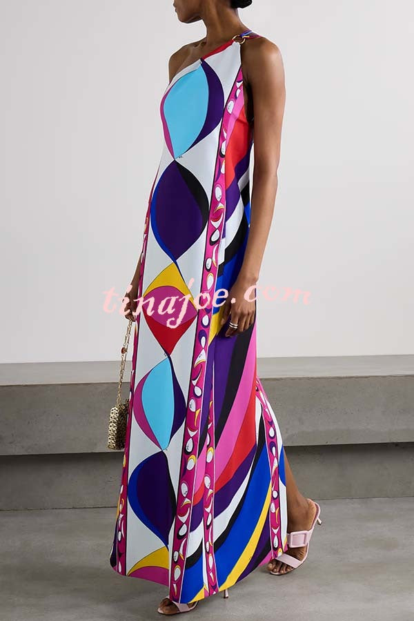 Rylin Unique Print One Shoulder Ring Strap Backless Slit Maxi Dress