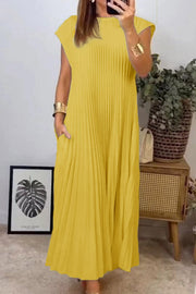 Solid Color Round Neck Sleeveless Pleated Large Hem Maxi Dress