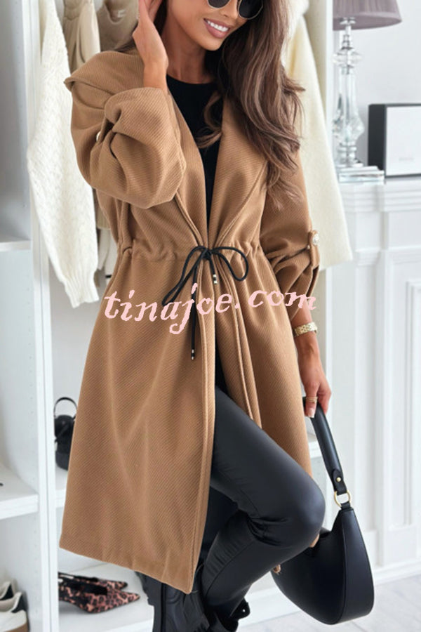 Effortless and Warm Textured Fabric Drawstring Waist Pocket Hooded Midi Coat