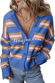 Colorblock Striped Knitted Long-sleeve Cardigan