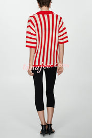 Fashionable Red and White Contrast Lapel Short-sleeved Knitted Top
