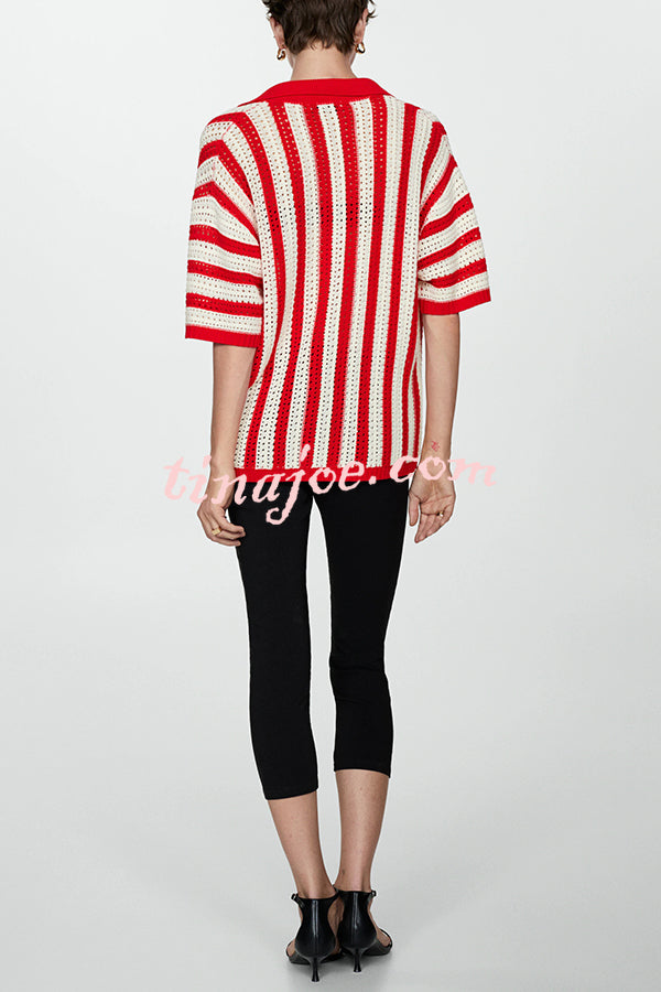 Fashionable Red and White Contrast Lapel Short-sleeved Knitted Top