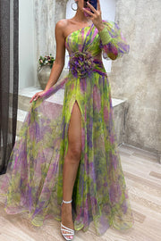 Picturesque Beauty Tulle Floral Pleated One Shoulder Sleeve Slit Maxi Dress