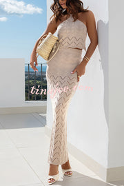 Solid Knit Hollow Halter Top and Stretch Fit Maxi Skirt Set