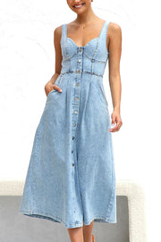 Spring Fling Washed Denim Button Pocket Back Smocked Midi Dress