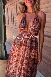 Boho Unique Printed Ring Halter Neck Open Back Slit Maxi Dress