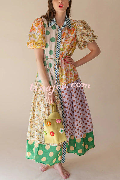 Linen Blend Unique Print Lapel Puff Sleeve Casual Midi Dress