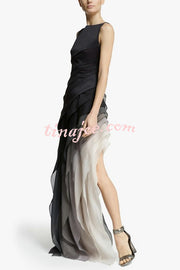 Elegant and Mysterious Tulle Gradient Cascading Design Gown Maxi Dress