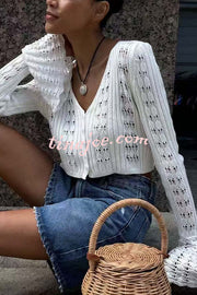 Fashion Hollow Button Long Sleeve V-neck Knitted Cardigan