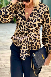 Janae Leopard Print Front Tie-up Lantern Sleeve Casual Blouse