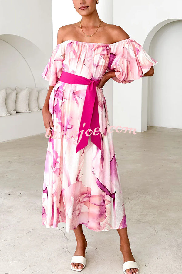 Floral Print Elegant Puff Sleeve Tie-Waist Midi Dress