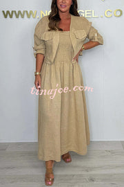Solid Color Casual Short Jacket and Suspender Pleated Maxi Dress Set
