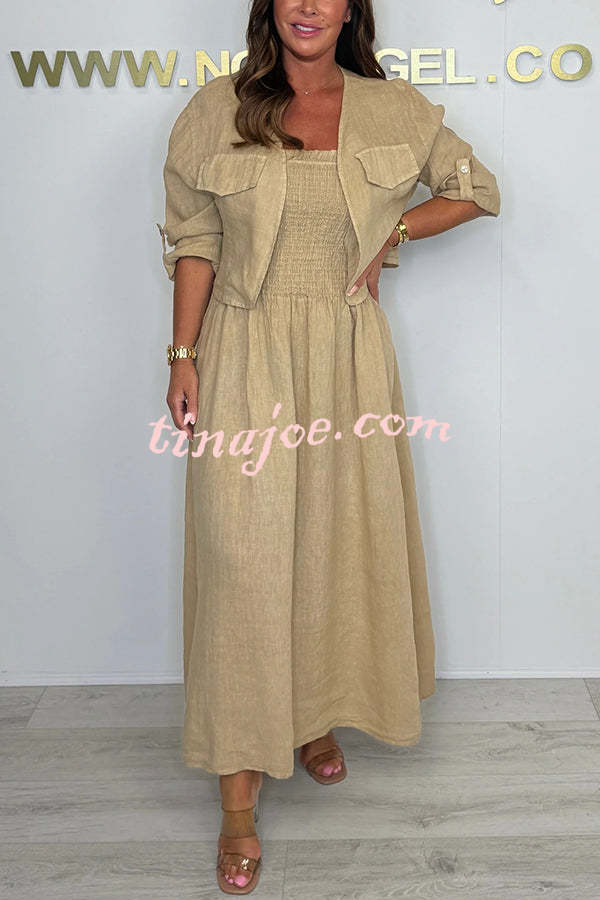 Solid Color Casual Short Jacket and Suspender Pleated Maxi Dress Set