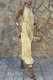 Satin Solid Pocket Loose Casual Pants