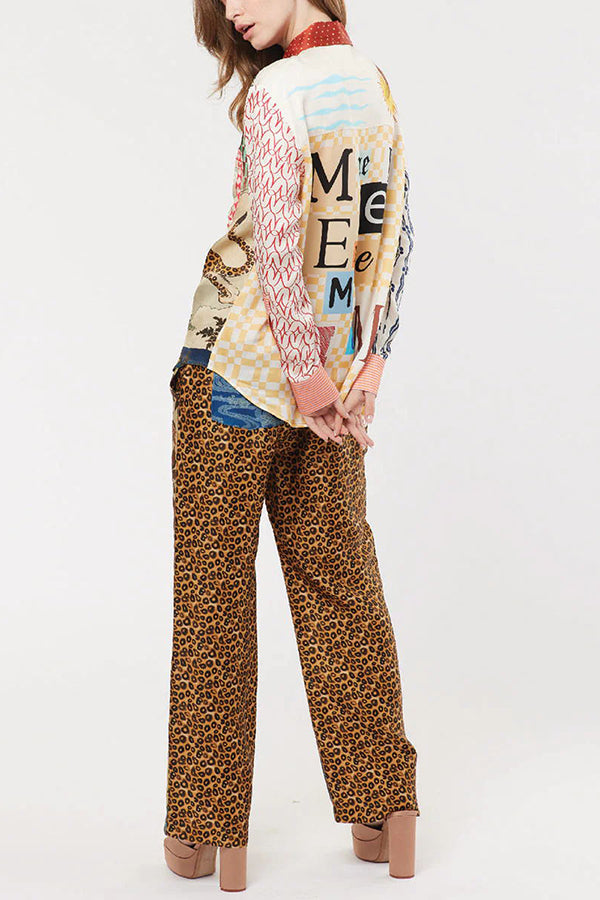 Tropical Jungle Tiger Unique Print Long Sleeve Loose Shirt and Elastic Waist Pants Set