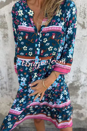 Ethnic Floral Print V-neck Loose Pocket Mini Dress