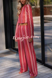 Tamia Knit Colorful Wave Unique Print Crop Top and Stretch Wide Leg Pants Set