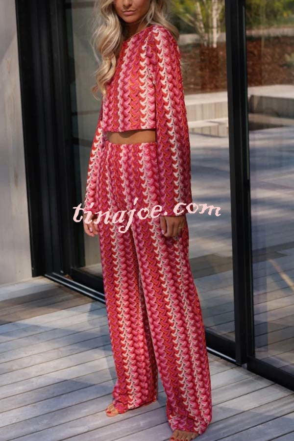 Tamia Knit Colorful Wave Unique Print Crop Top and Stretch Wide Leg Pants Set