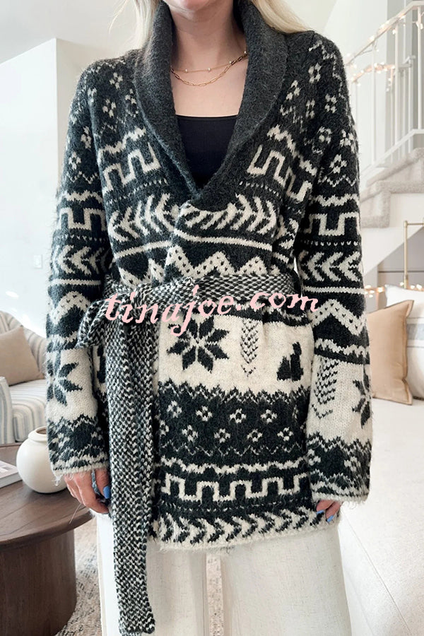 Winter Snowflake Waist Tie Lapel Midi Pocket Knit Cardigan