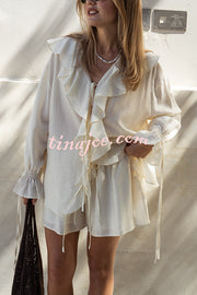 Solid Ruffled Lace-up Casual Top and Elastic Waisted Loose Pocket Shorts Set