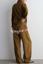 Bella Satin Drape Collar Single Button Casual Blazer and Elastic Waist Pocket Loose Pants Set