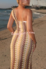 Colorful Zigzag Pattern Lace One-shoulder Slim Vacation Midi Dress