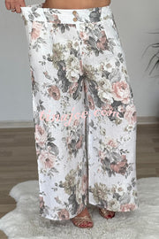 Linen Blend Crew Neck Long Sleeve Irregular Loose Top and Elastic Waist Floral Print Casual Pocket Set