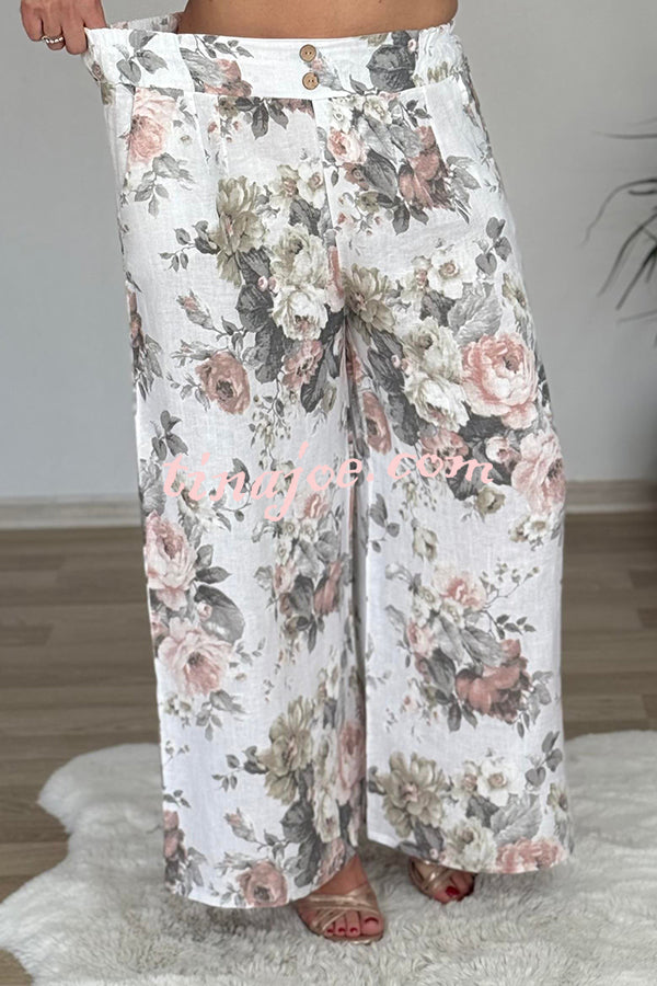 Linen Blend Crew Neck Long Sleeve Irregular Loose Top and Elastic Waist Floral Print Casual Pocket Set