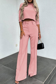 Luisa High Neck Half Sleeve Crop Top and High Rise Pocketed Flare Pants Set