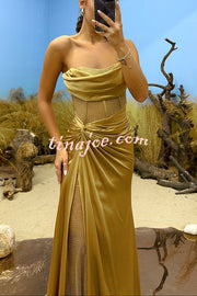 Essie Satin Rhinestone Patchwork Twist Waist Strapless Slit Maxi Dress