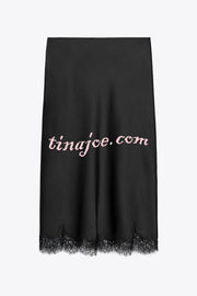 Dolly Satin Lace Trim Mid Rise Slit Drape Midi Skirt