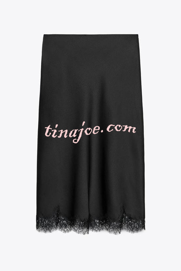 Dolly Satin Lace Trim Mid Rise Slit Drape Midi Skirt
