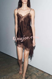 Elouise Satin Lace Trim V-neck Asymmetrical Hem Slip Mini Dress