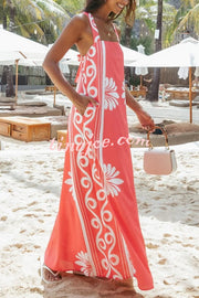 Unique Print Square Neck Open Back Tie Bow Holiday Maxi Dress