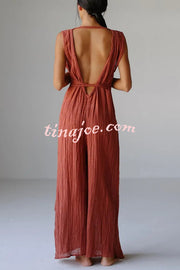 Resort Style V-neck Tie Pleated Casual Jumpsuit