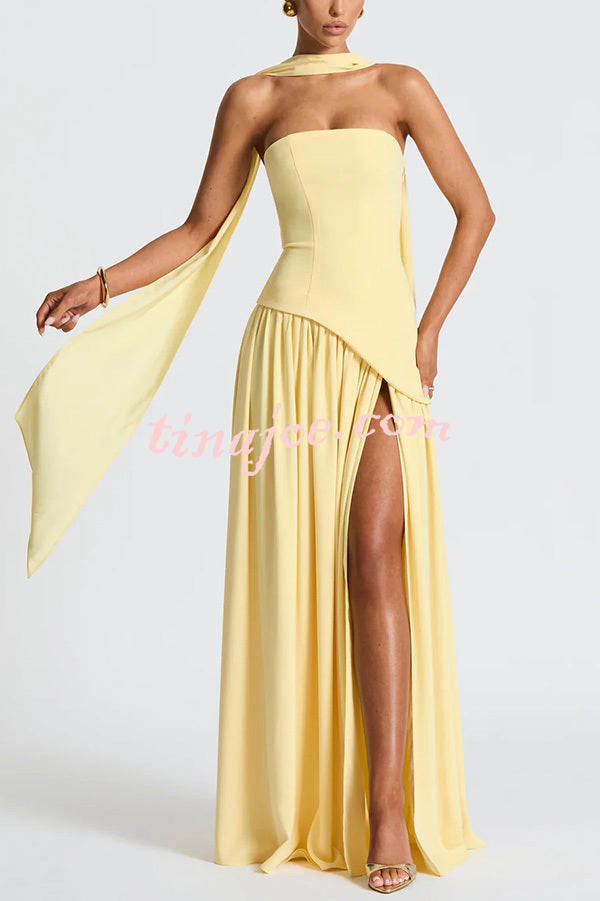 Elegant Off Shopulder Chiffon Pleated Hem Scarf Slit Maxi Dress