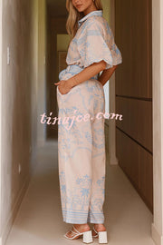 Linen Blend Lapel Puff Sleeve Loose Shirt and Casual Pocket Straight Pants Set