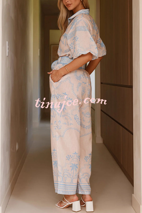Linen Blend Lapel Puff Sleeve Loose Shirt and Casual Pocket Straight Pants Set