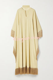 Excellent Drape Crepe Ribbon Neck Fringed Trim Kaftan Maxi Dress