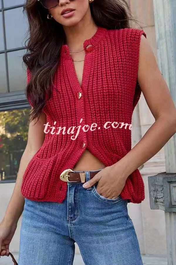 Solid Color Sleeveless Button Pocket Knit Vest