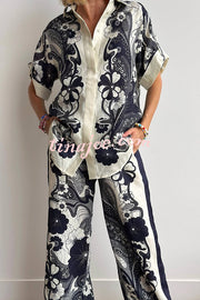 Linen Blend Lapel Short Sleeve Loose Top and Elastic Waist Casual Pocket Wide Leg Pants Set