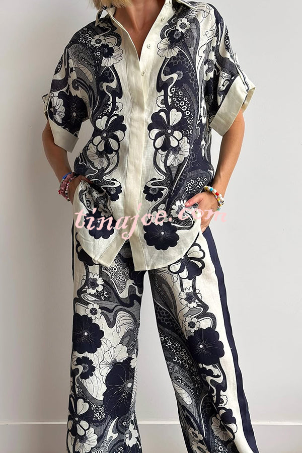 Linen Blend Lapel Short Sleeve Loose Top and Elastic Waist Casual Pocket Wide Leg Pants Set