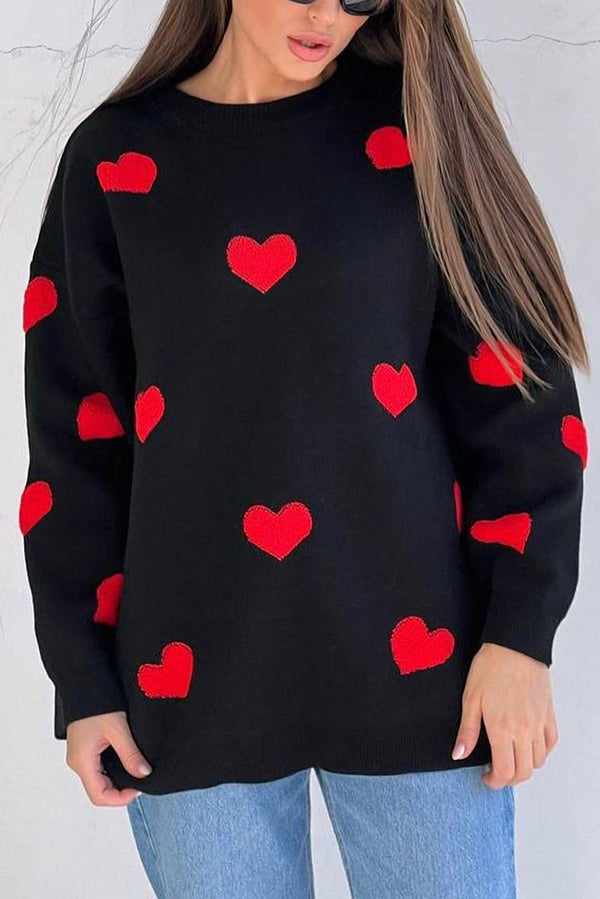 Fashionable Embroidered Love Loose Round Neck Long Sleeve Knitted Sweater